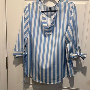 SHEIN Light Blue & White Vertical Stripe Tie-Sleeve Blouse